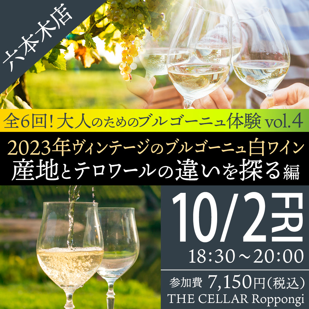 10月2日(金)イベント@THE CELLAR Roppongi|「全6 回!大人のためのブルゴーニュ体験 vol.4 2023年ブルゴーニュ白ワイン-産地とテロワールの違いを探る編」