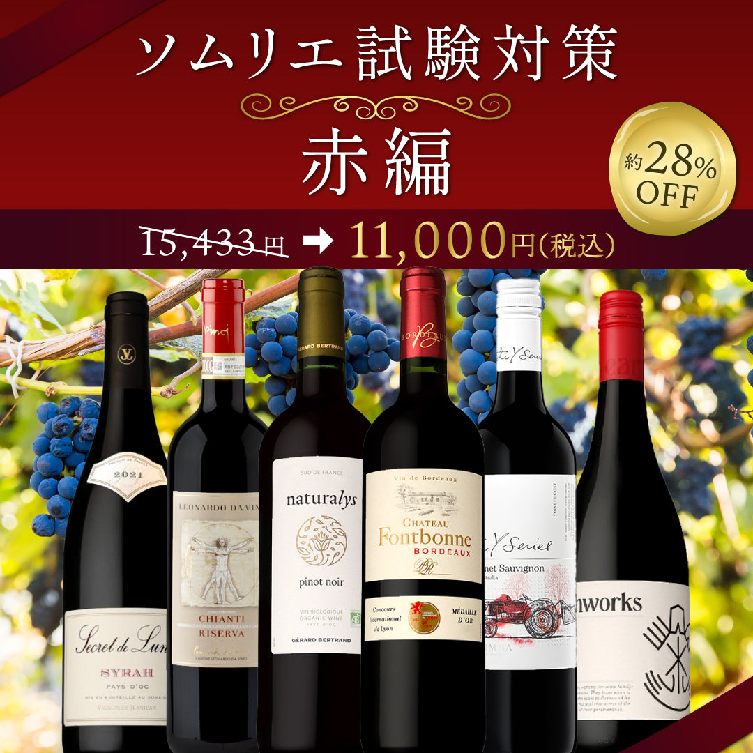 【6月～9月クール配送・送料無料・解答例付き】ソムリエ受験の方へ！気軽に開けれて学べる。「黒ぶどう基本の3品種+1」6本セットVol.2