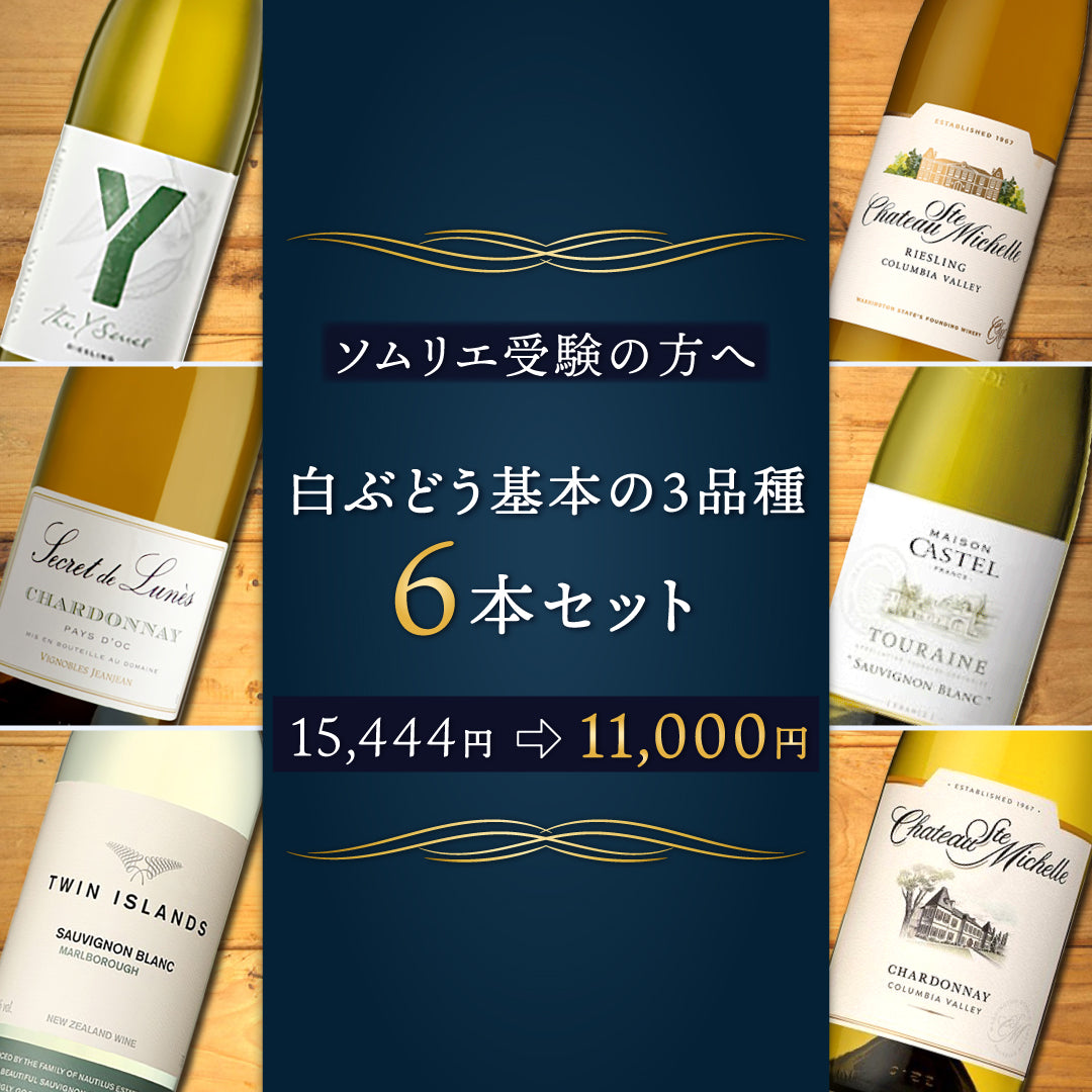 【送料無料・解答例付き】ソムリエ受験の方へ！気軽に開けれて学べる。「白ぶどう基本の3品種」6本セット ※5月9日（金）以降出荷致します。