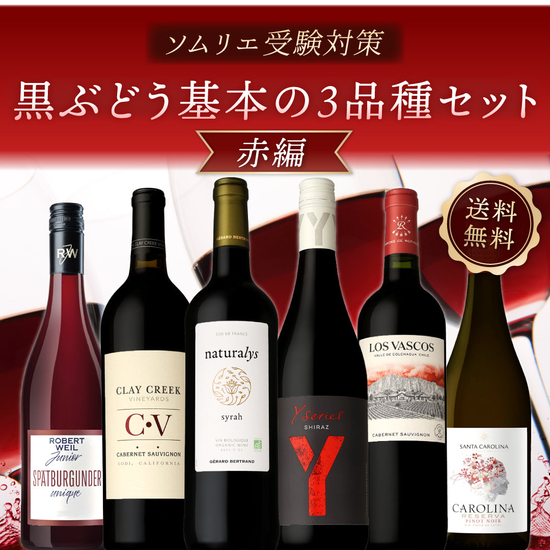 【送料無料・解答例付き】ソムリエ受験の方へ！気軽に開けれて学べる。「黒ぶどう基本の3品種」6本セット※倉庫出荷のため、店舗商品と同時注文不可